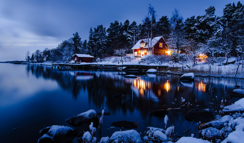 вода, Stockholm, зима, снег, дом, sweden, лес, отражение, деревья
