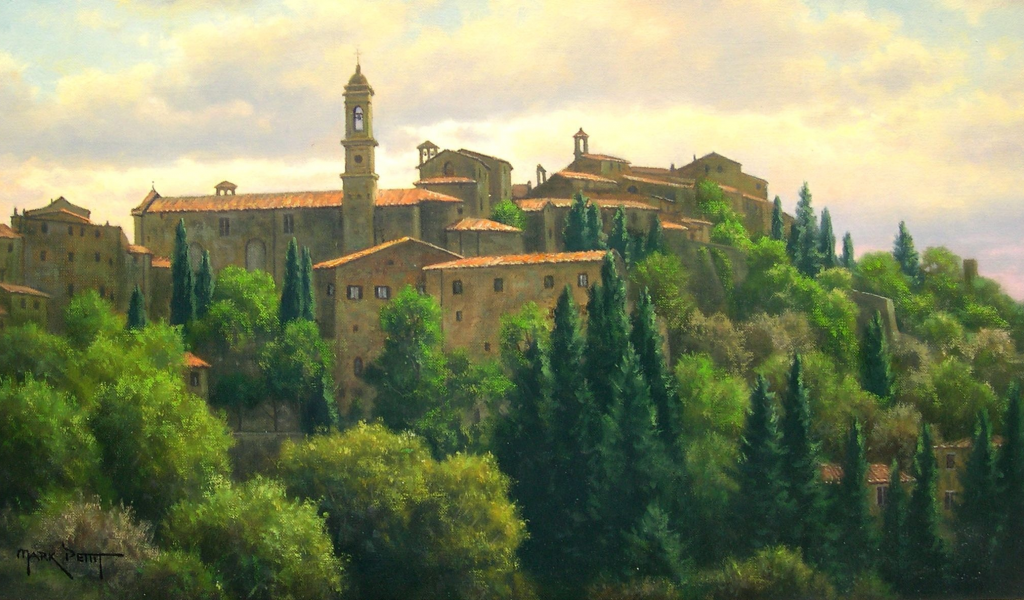 пейзаж, италия, городок, Картина, постройки, mark pettit