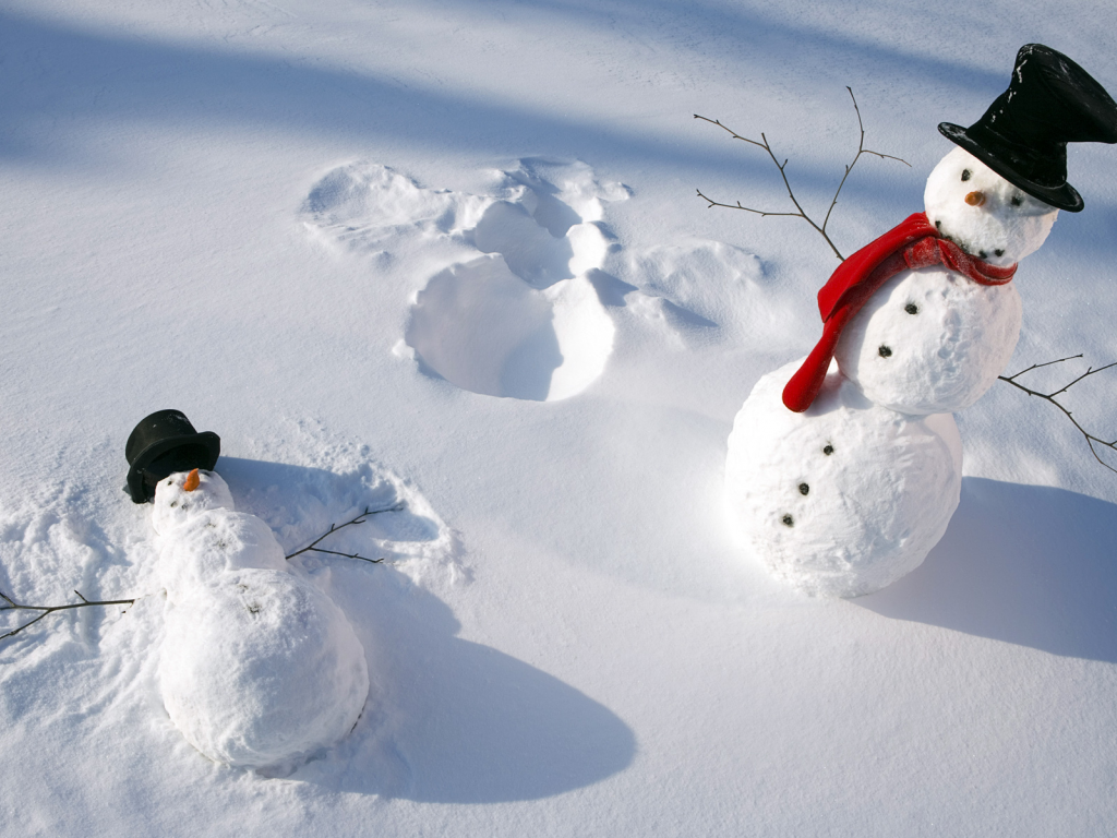 шапки, Снеговики, зима, шарф, снег