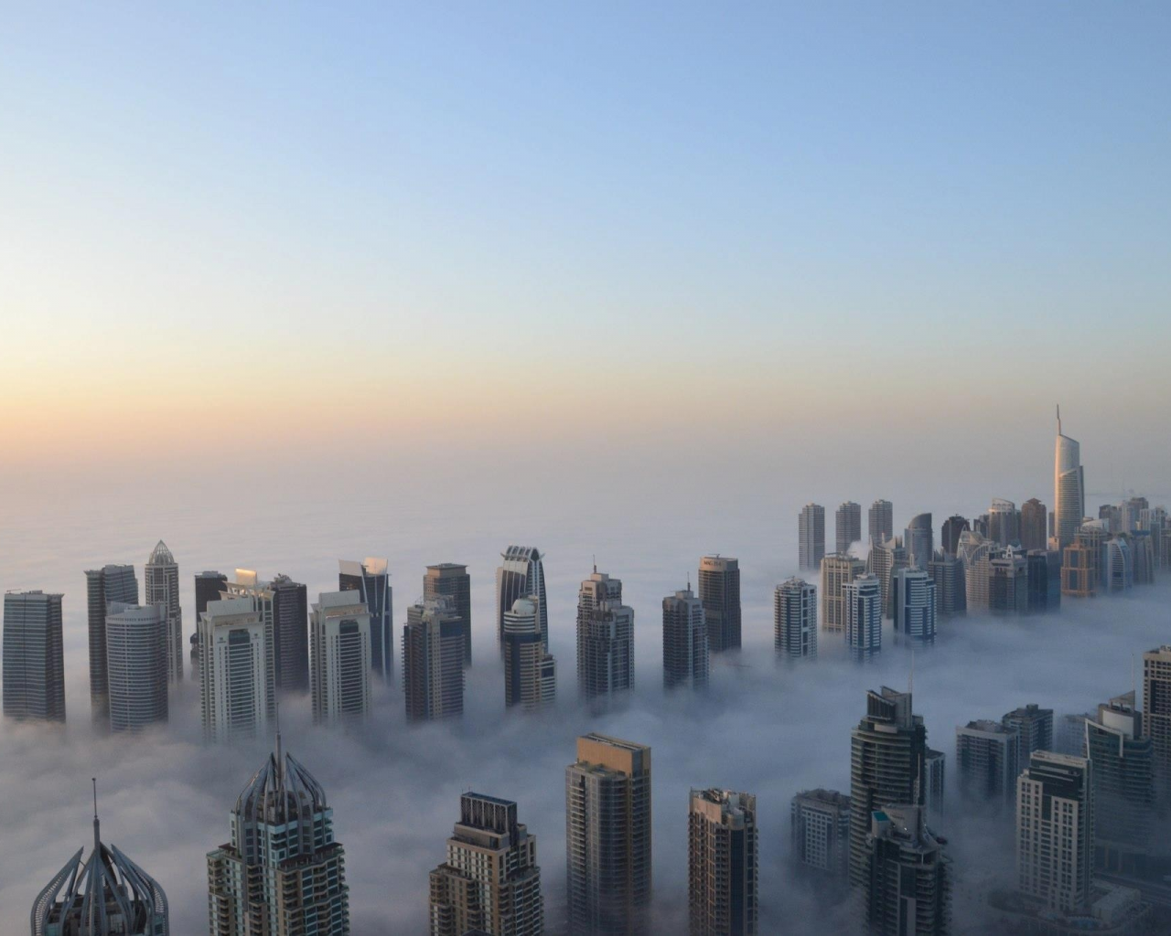 высота, небоскребы, Дубаи, прохлада, утро, туман