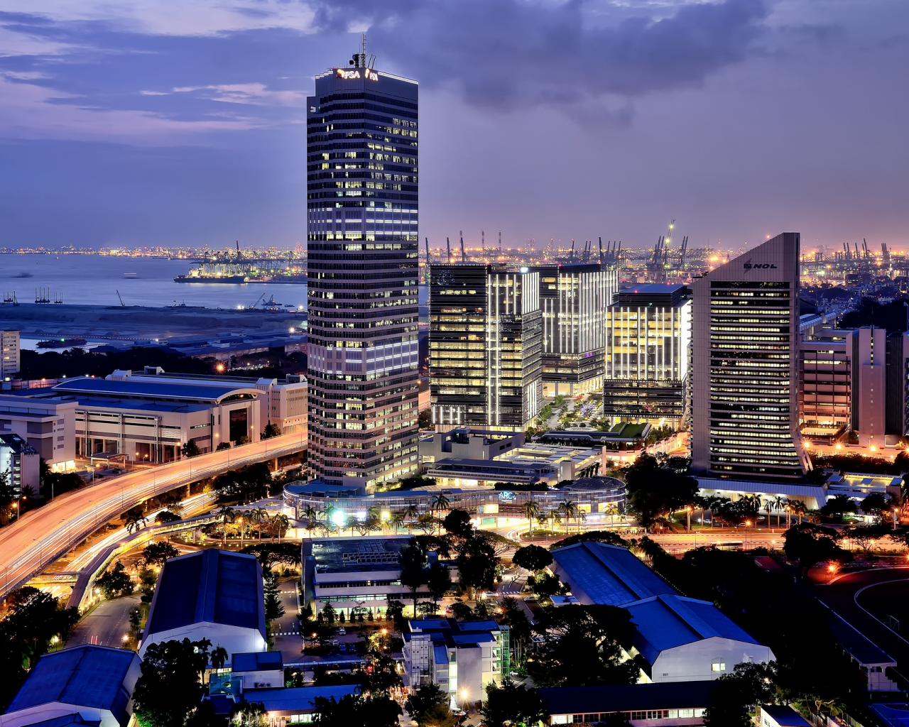 порт, после заката, сингапур, Город, огни