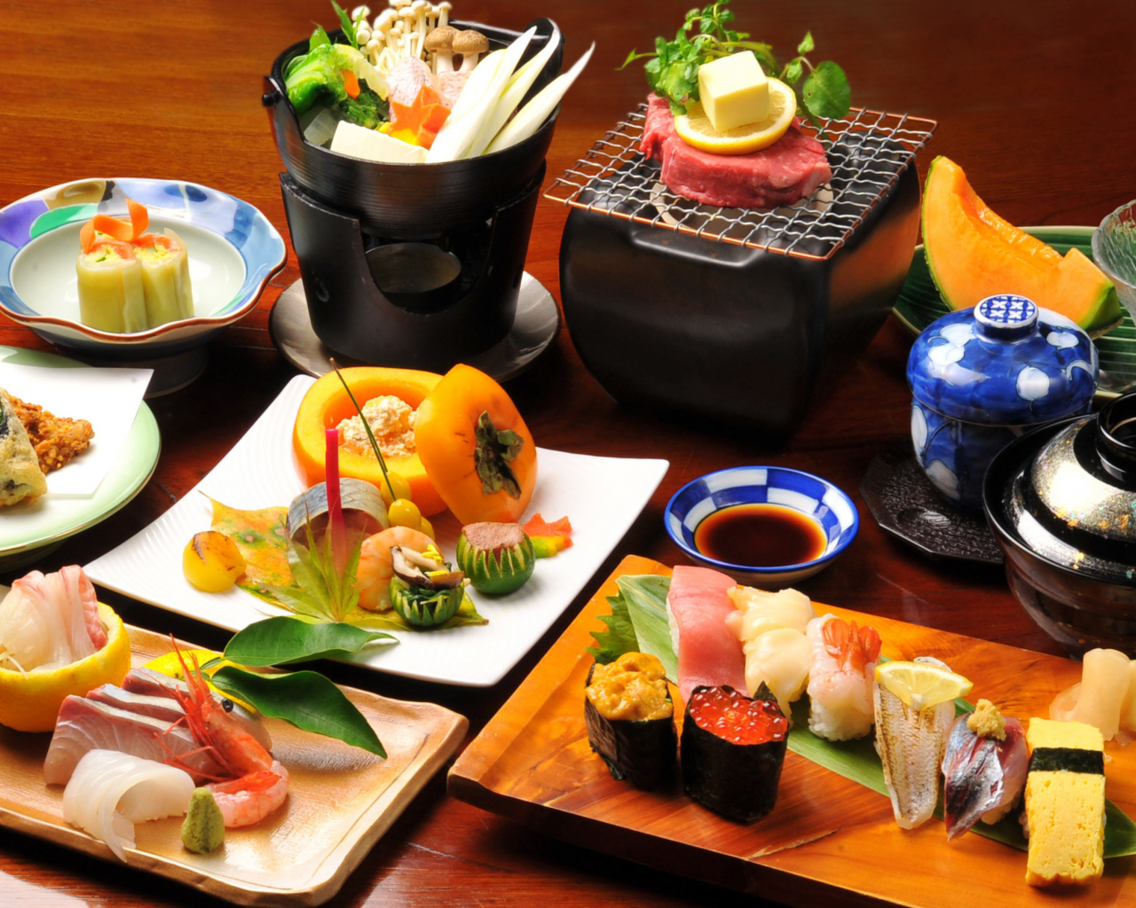 роллы, овощи, японская еда, морепродукты, блюда, Стол