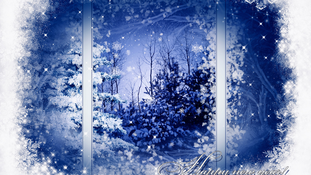 снежинки, деревья, елка, окно, зима, снег, Happy new year, узор