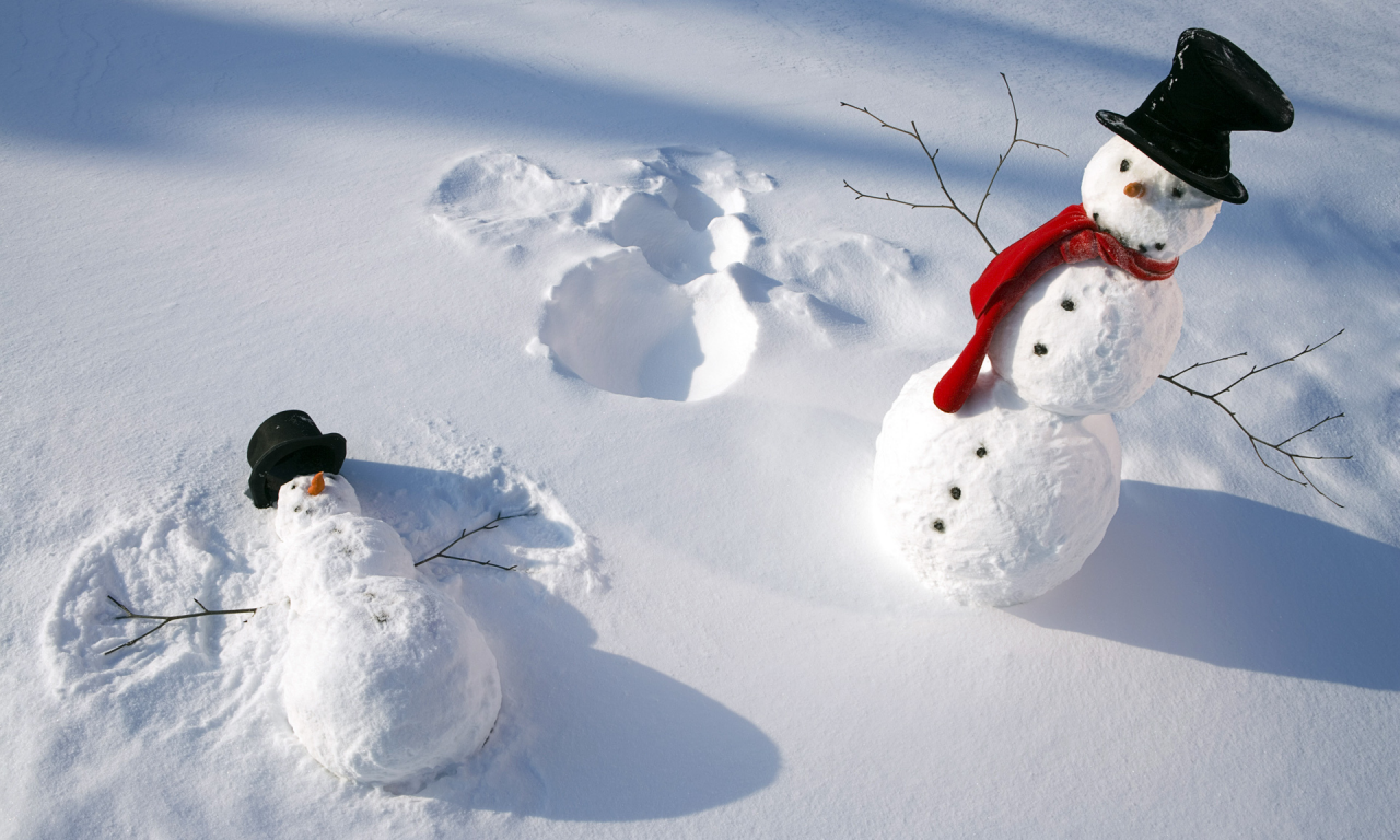 шапки, Снеговики, зима, шарф, снег