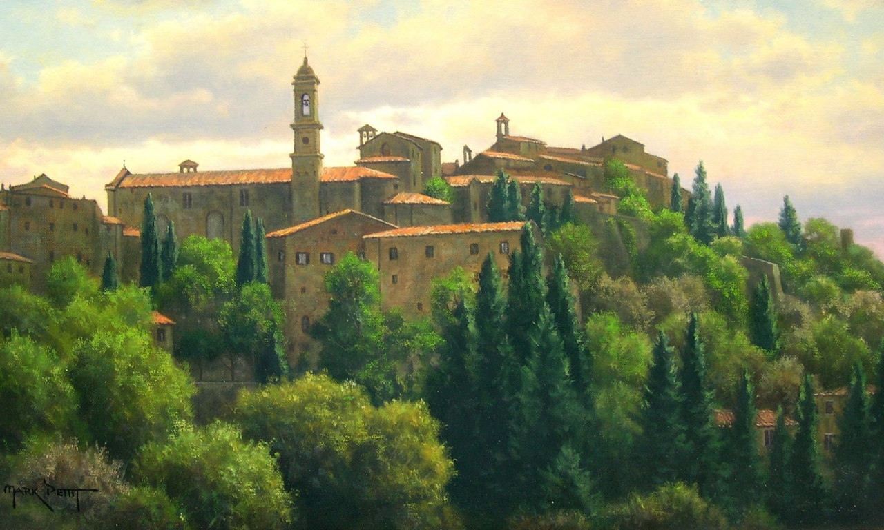 пейзаж, италия, городок, Картина, постройки, mark pettit