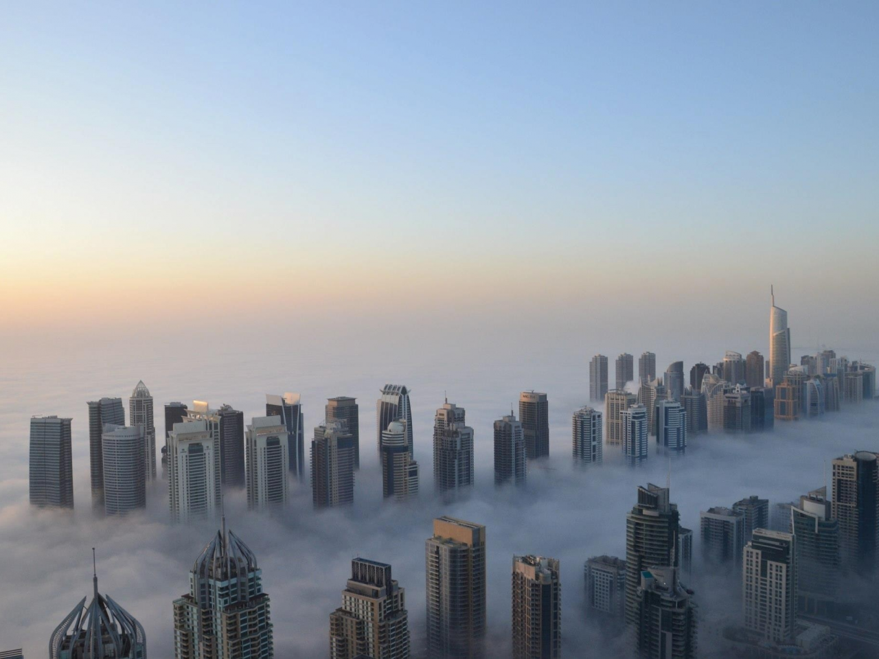 высота, небоскребы, Дубаи, прохлада, утро, туман