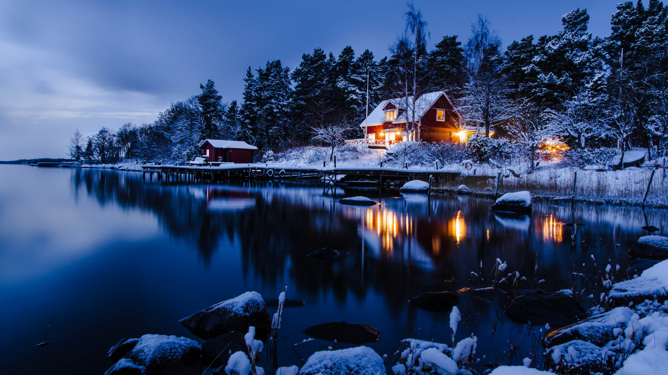 вода, Stockholm, зима, снег, дом, sweden, лес, отражение, деревья