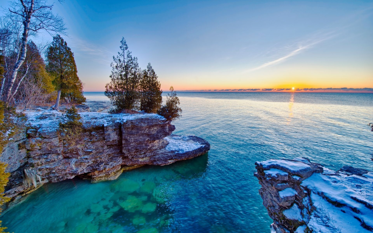 озеро мичиган, деревья, скалы, восход, Lake michigan