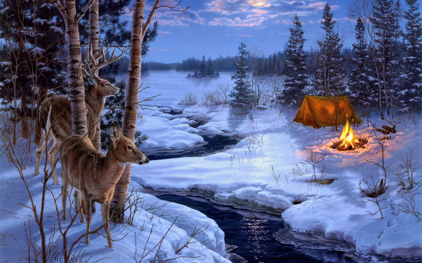 moon shadows, снег, олени, животные, живопись, зима, Darrell bush