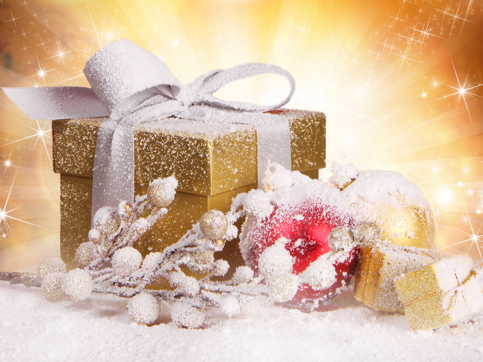 золотая, снег, шарики, шары, лента, коробка, Подарок