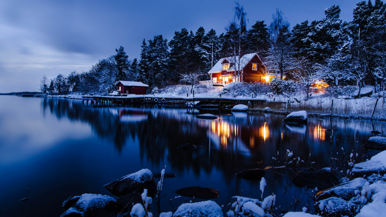 вода, Stockholm, зима, снег, дом, sweden, лес, отражение, деревья