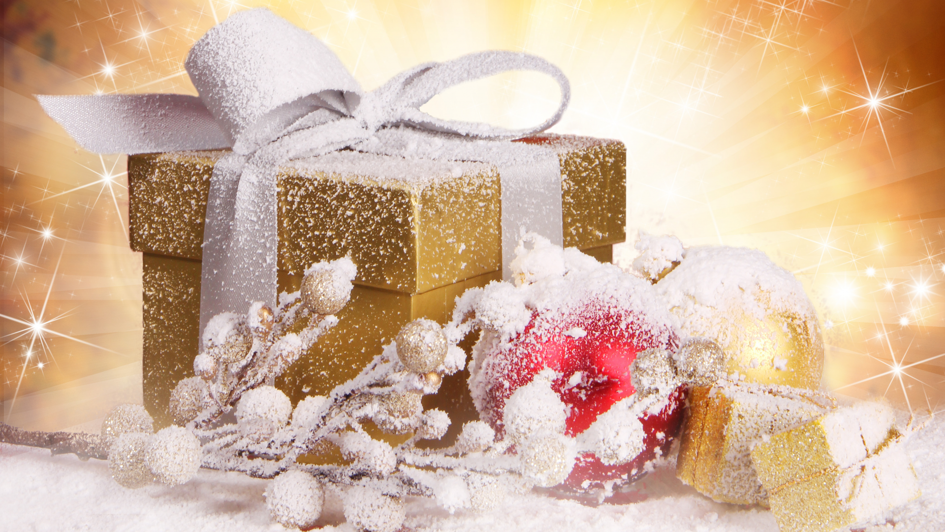 золотая, снег, шарики, шары, лента, коробка, Подарок