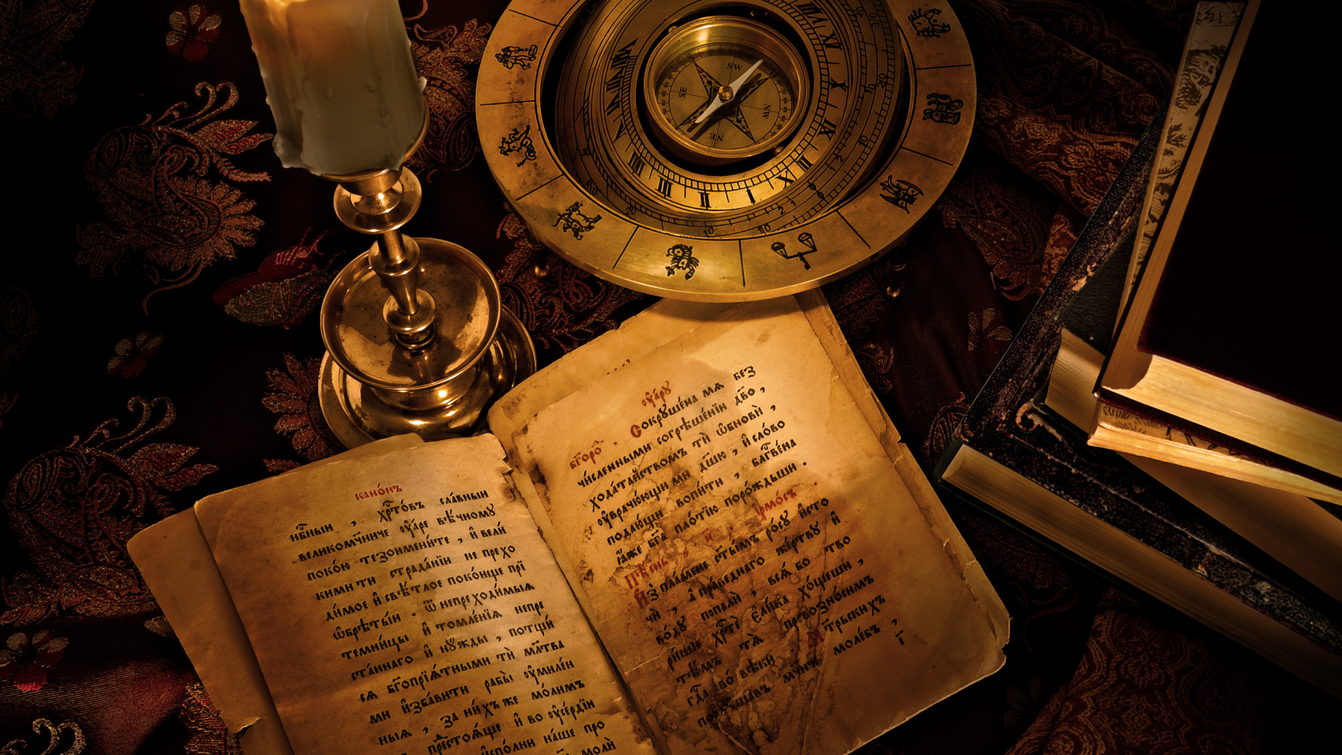 книги, знаки зодиака, компас, Свеча, надпись