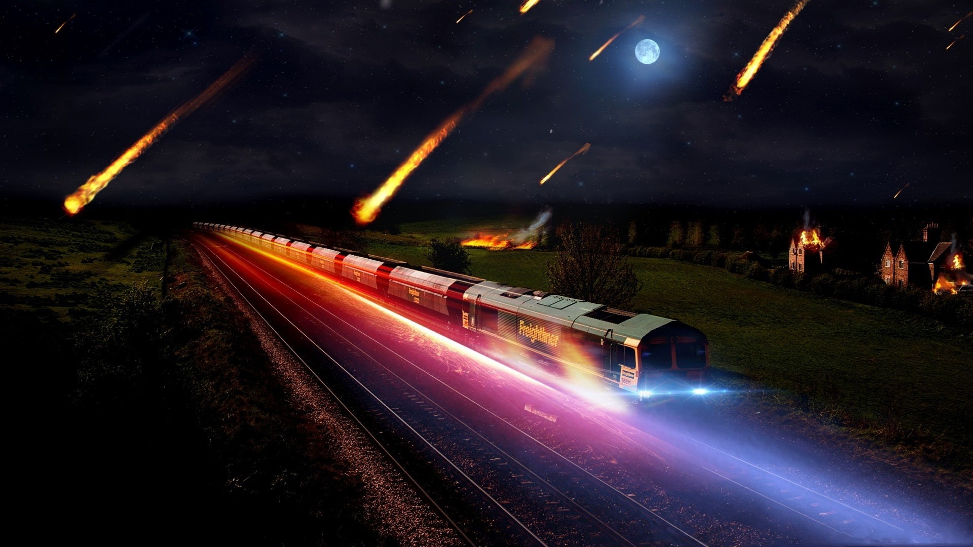 ночь, сияние, огни, метеорит, Поезд