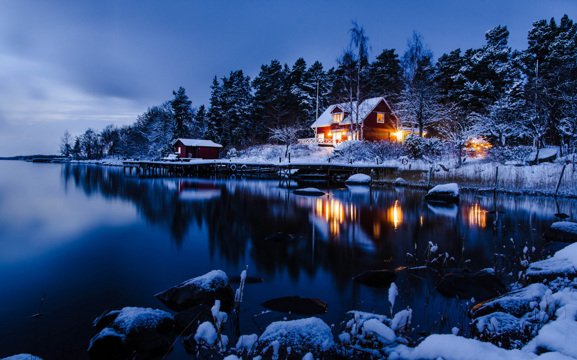 вода, Stockholm, зима, снег, дом, sweden, лес, отражение, деревья