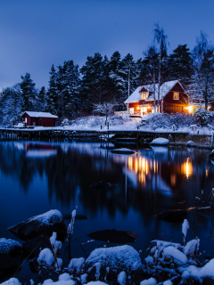 вода, Stockholm, зима, снег, дом, sweden, лес, отражение, деревья