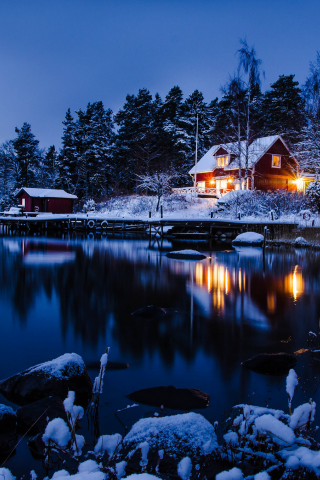 вода, Stockholm, зима, снег, дом, sweden, лес, отражение, деревья