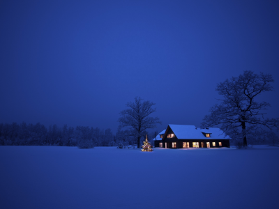 Природа, пейзаж, дом, зима, ночь, деревья, снег