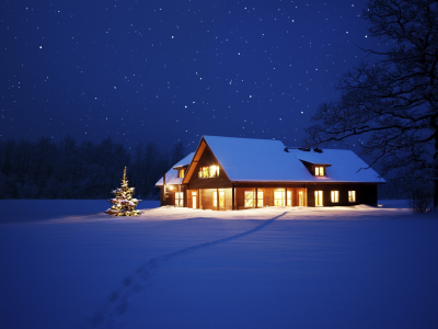 пейзаж, деревья, зима, Природа, ночь, дом, снег