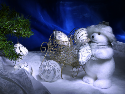шары, новый год, сани, Ёлка, new year, игрушки, снег, мишка