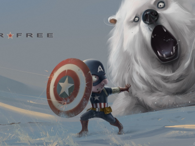 captain america, щит, медведь, Арт, снег