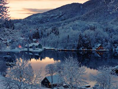 вода, Природа, снег, деревья, зима, норвегия