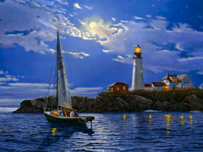 арт, море, пейзаж, serenity, Dave barnhouse, маяк, яхта