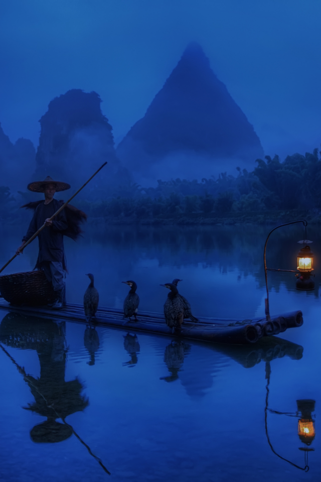 лодка, Китай, свет, рыбак, фонарь, утро, река, бакланы