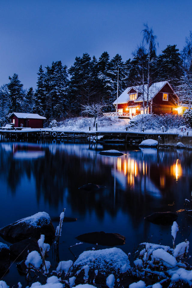 вода, Stockholm, зима, снег, дом, sweden, лес, отражение, деревья