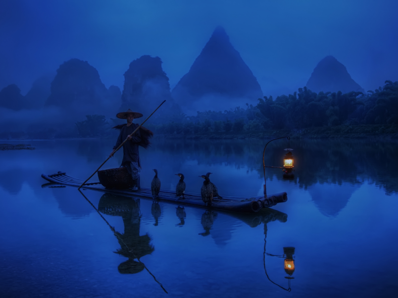 лодка, Китай, свет, рыбак, фонарь, утро, река, бакланы