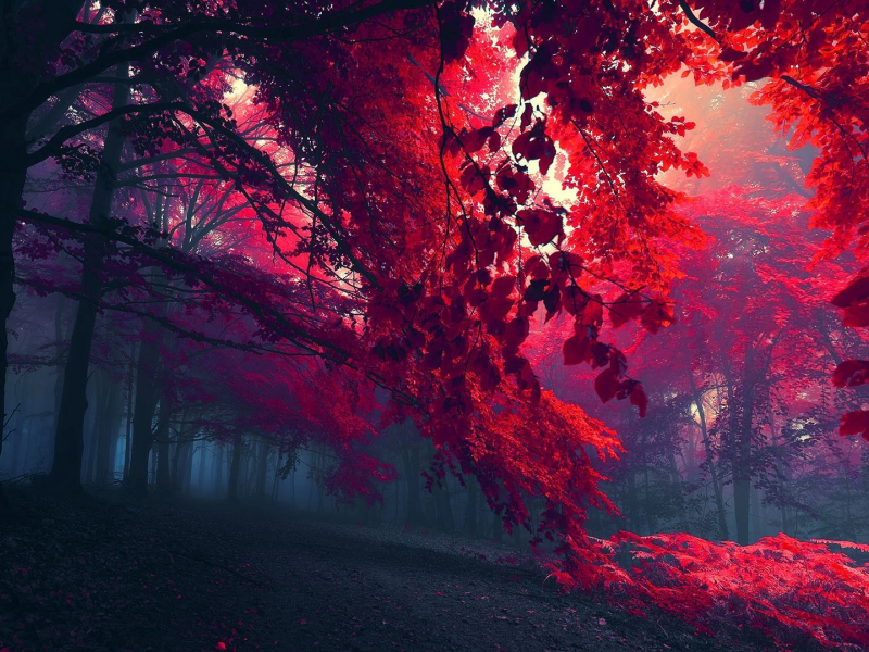 туман, деревья, листва, Лес, осень, листья, ветки