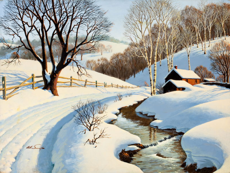 живопись, arthur saron sarnoff, Winter blanket, ручей, река, зима, дом