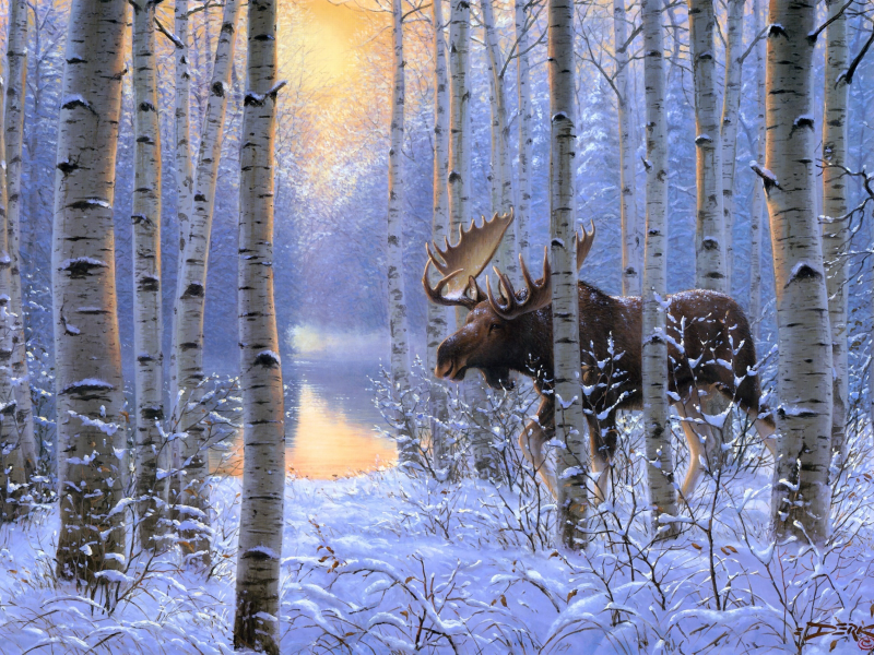 животные, лес, on the move, живопись, снег, зима, лось, Derk hansen