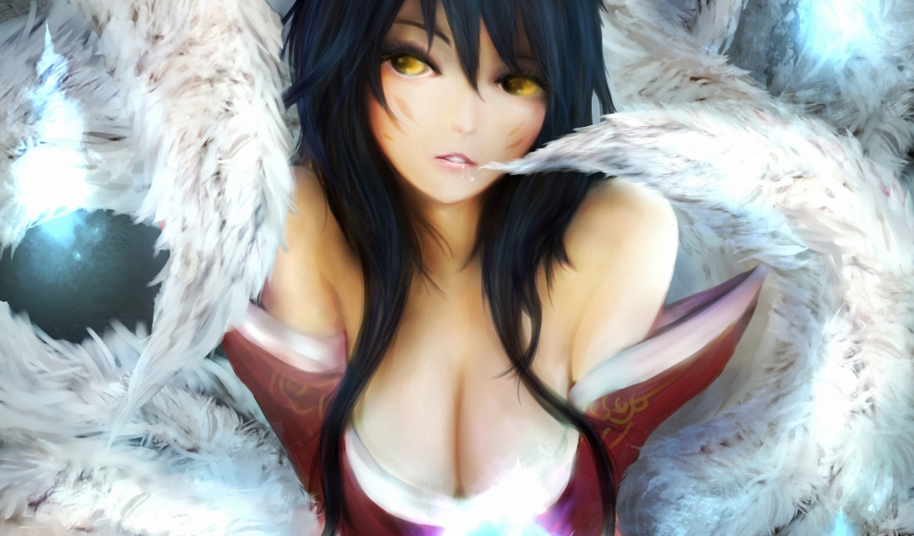 магия, девушка, Ahri, шар, league of legends, хвосты