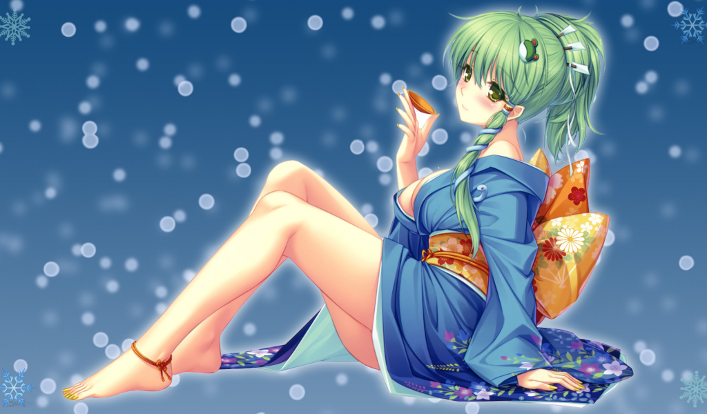 снежинки, фон, Touhou, девушка, kochiya sanae, пиала, сидя