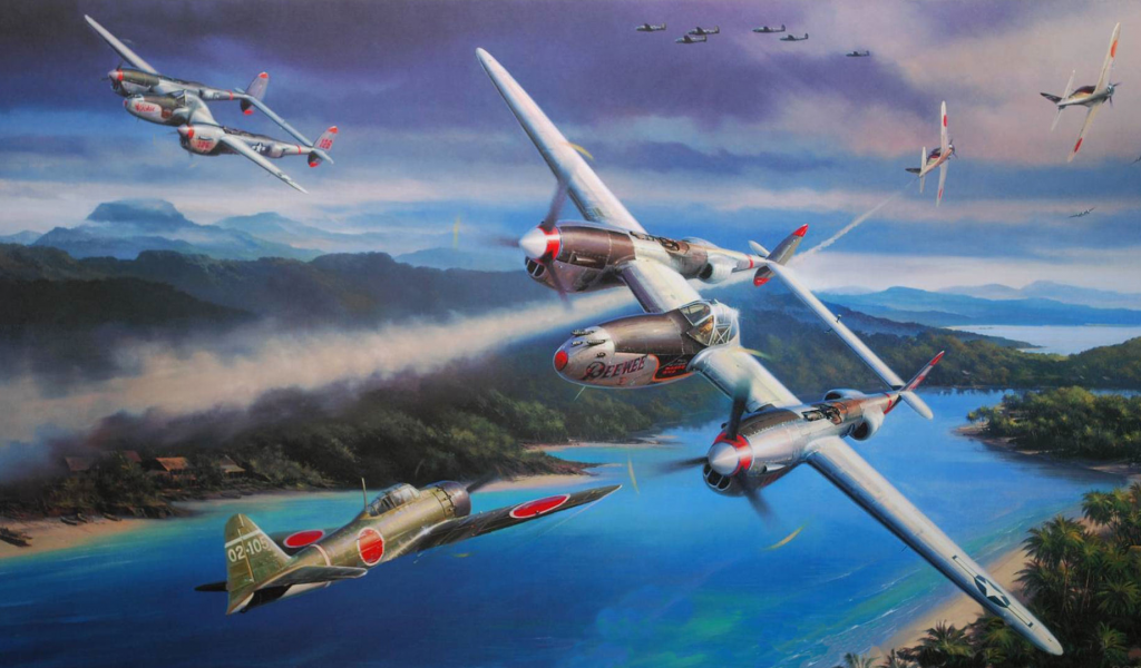 война, Lockheed p-38 lightning, океания, nicolas trudgia, рисунок