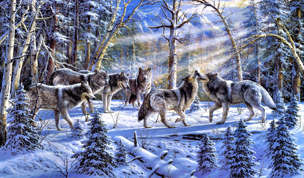 лес, kindred spirits, волки, стая, Ronnie hedge, живопись, зима