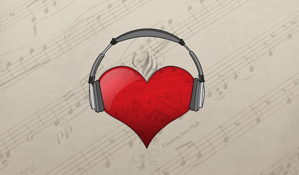 loves music, наушники, Сердце, ноты