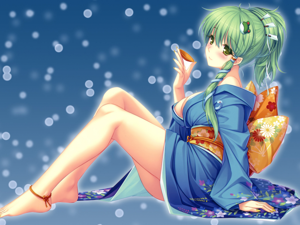 снежинки, фон, Touhou, девушка, kochiya sanae, пиала, сидя