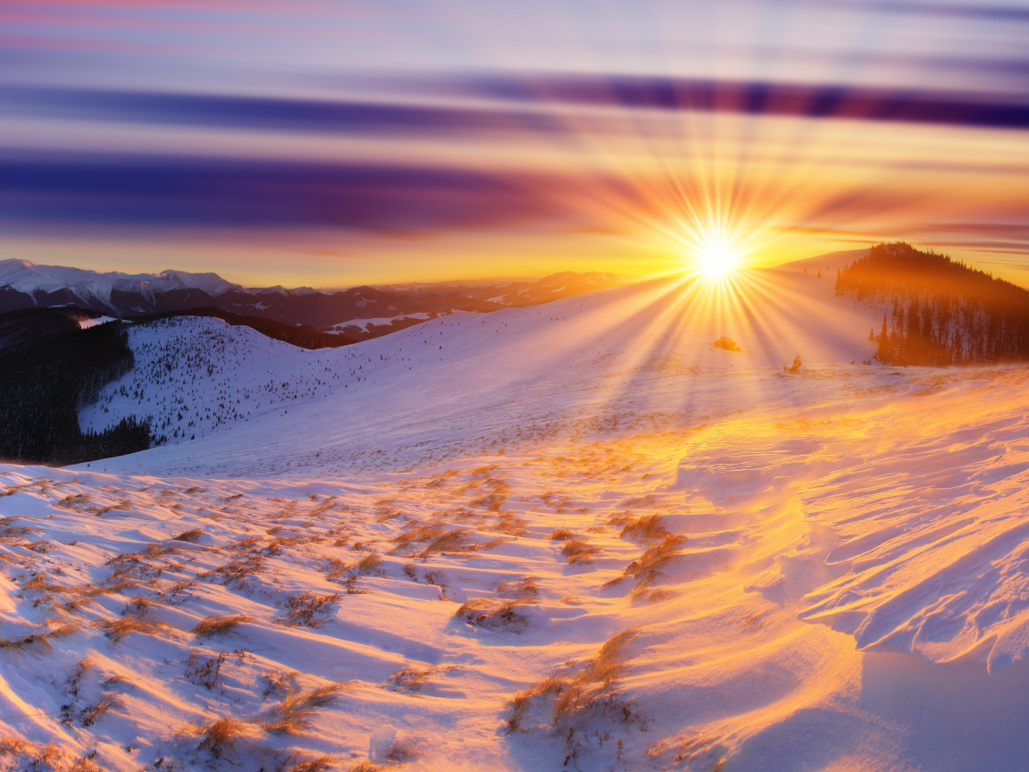 солнце, горы, Зима, рассвет, снег