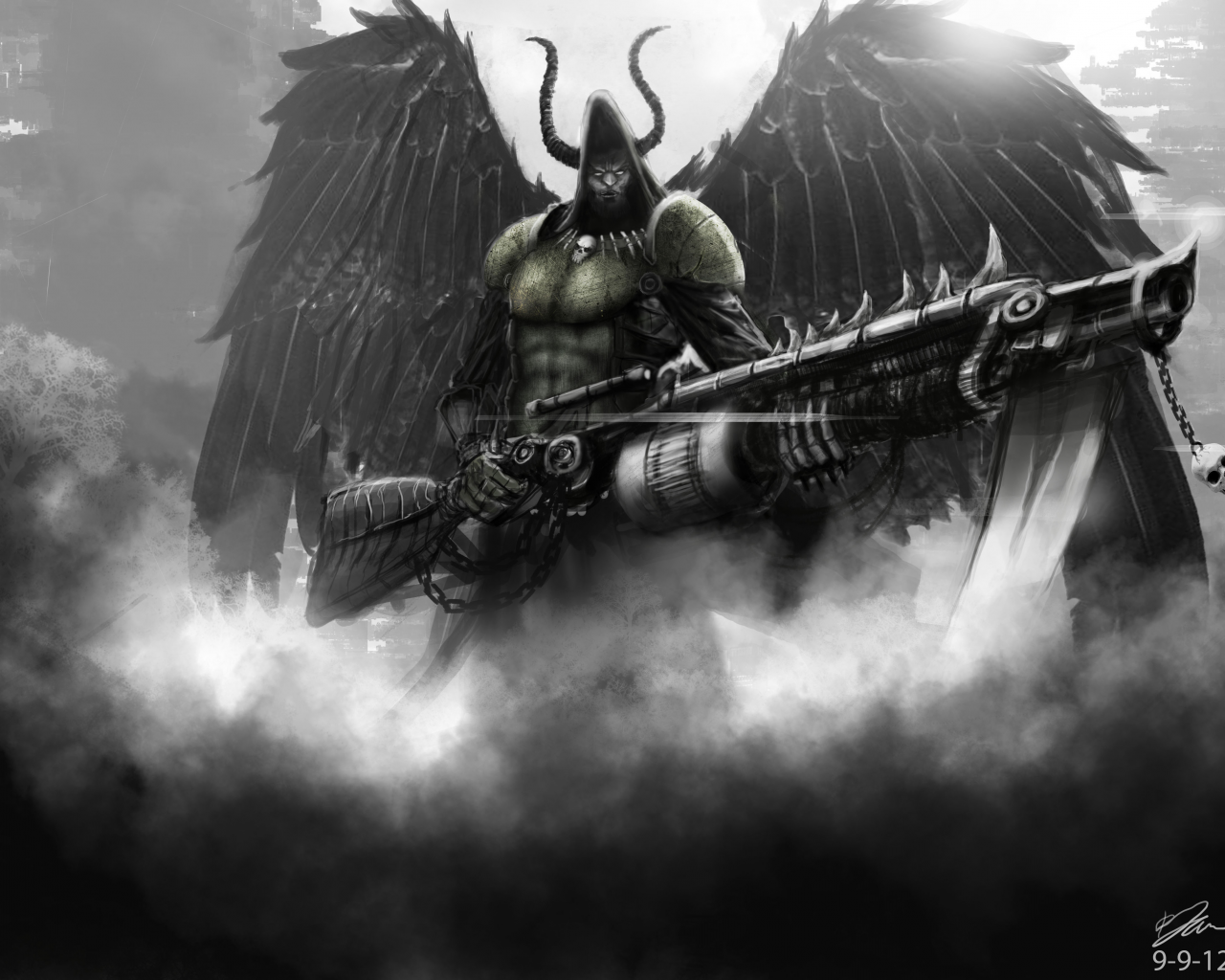 мужчина, angel of death, огнемет, крылья, оружие, Арт, капюшон