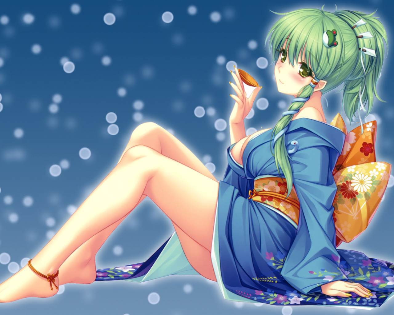 снежинки, фон, Touhou, девушка, kochiya sanae, пиала, сидя