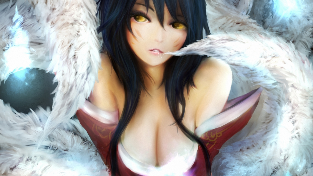 магия, девушка, Ahri, шар, league of legends, хвосты