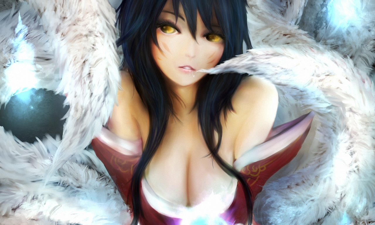 магия, девушка, Ahri, шар, league of legends, хвосты