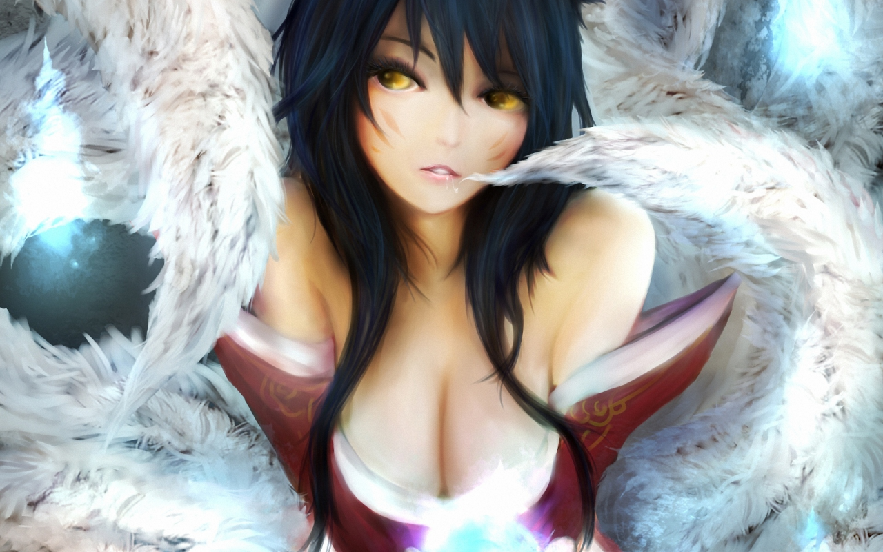 магия, девушка, Ahri, шар, league of legends, хвосты