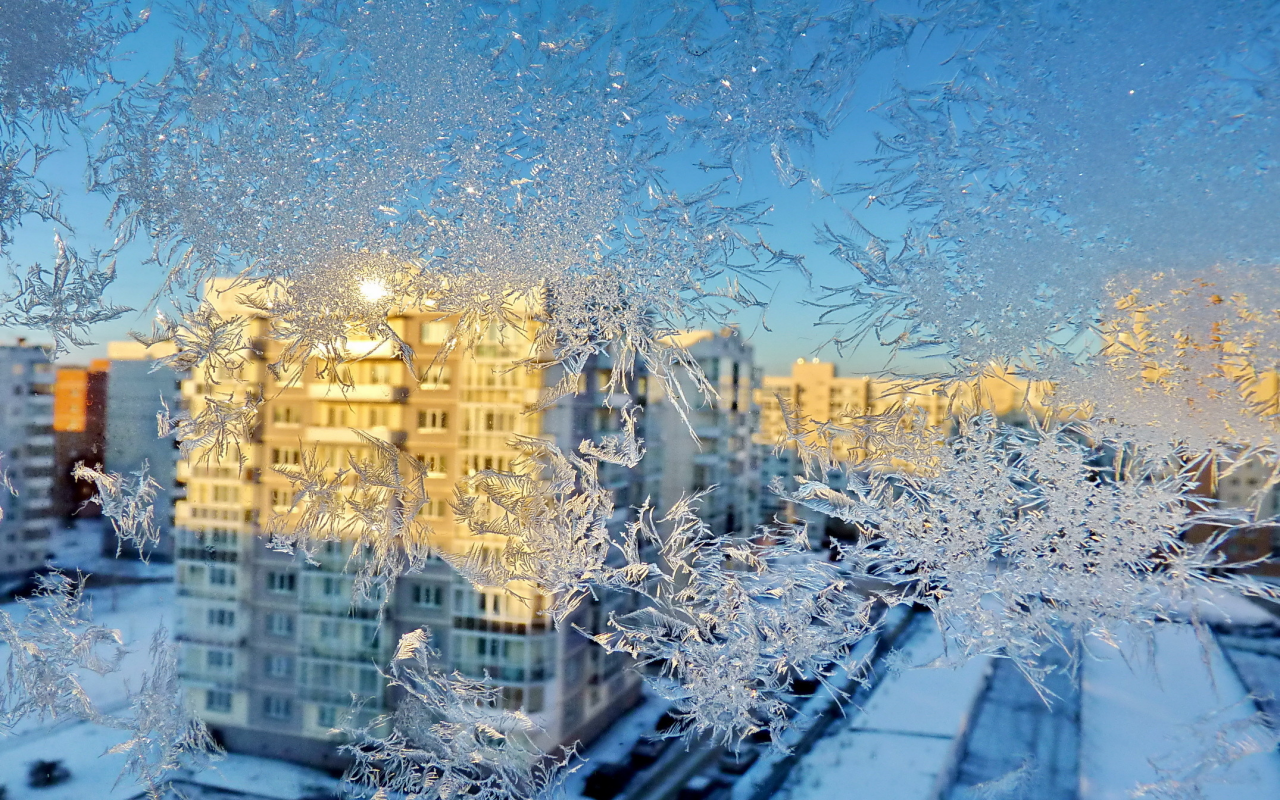 Зима, мороз, дома, окно, узор