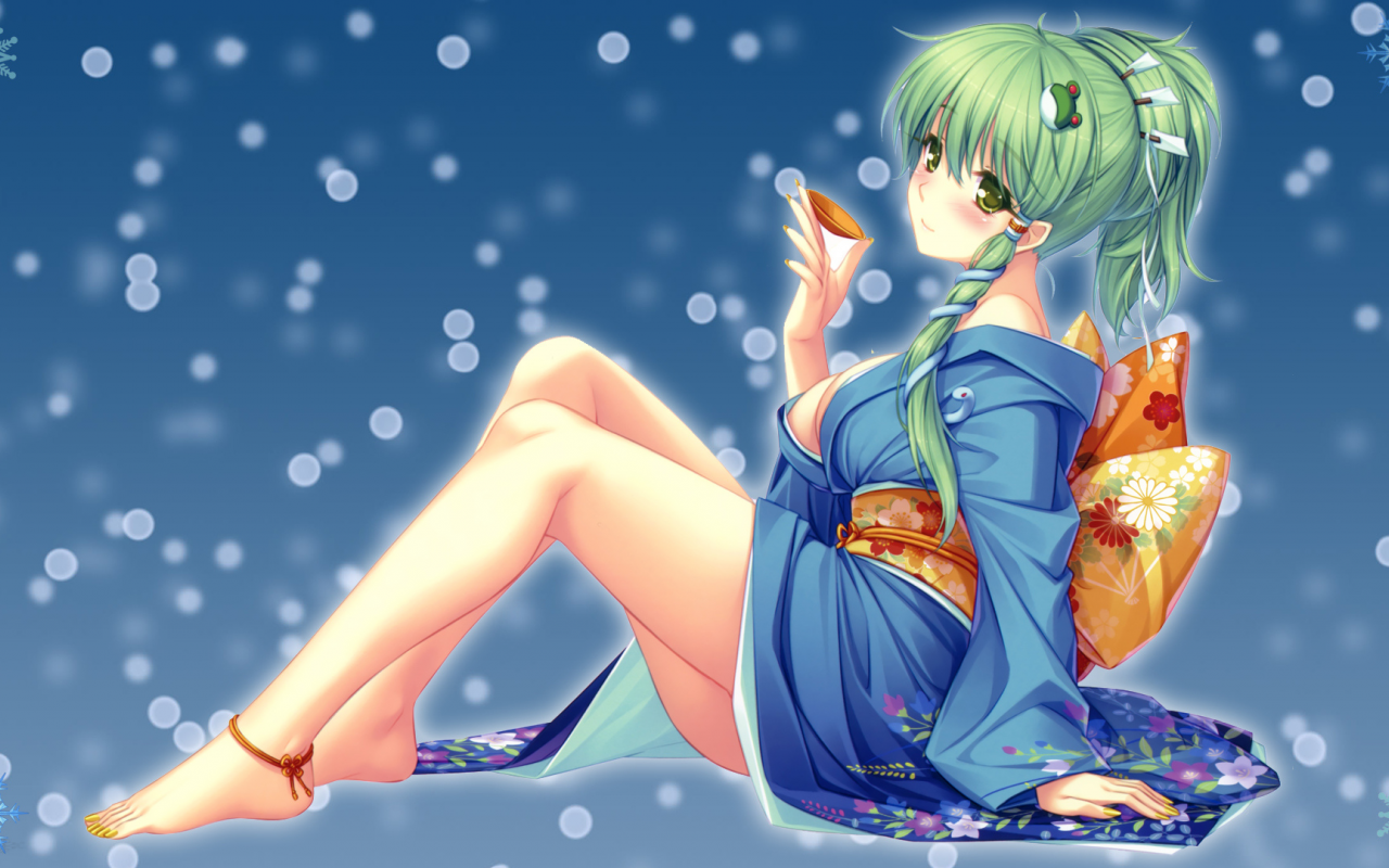 снежинки, фон, Touhou, девушка, kochiya sanae, пиала, сидя