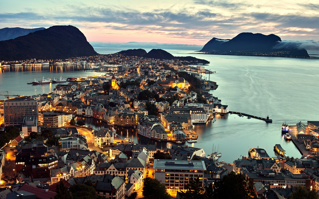 норвегия, олесунн, город, море, __lesund, Norway, панорама
