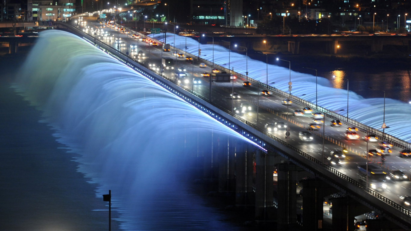 Rainbow fountain, seoul, фонтан, огни, ночь, южная корея, мост