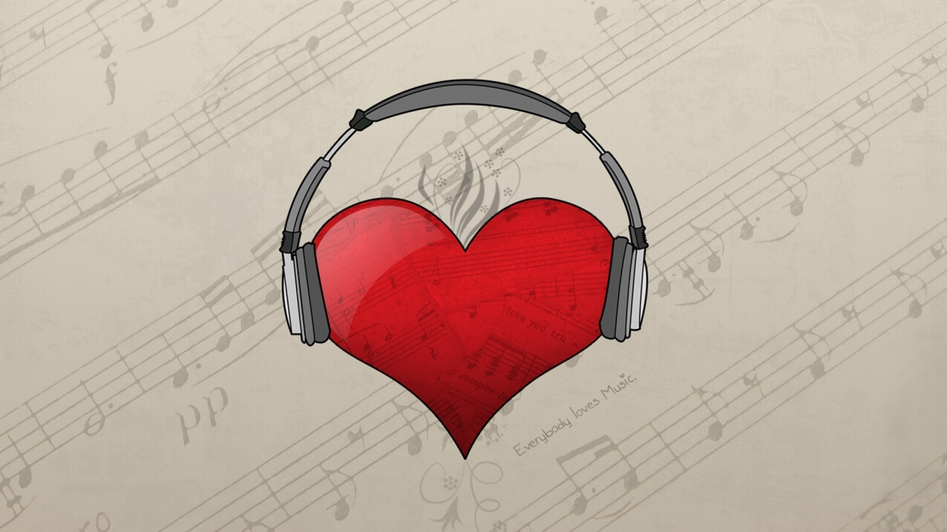 loves music, наушники, Сердце, ноты